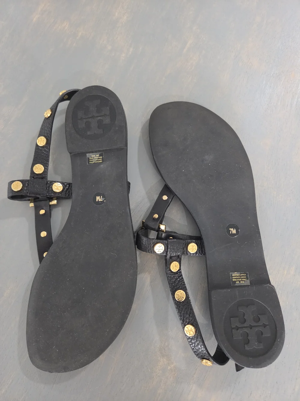 Tory BURCH Black Leather T-Strap Sandals with Gold Studs